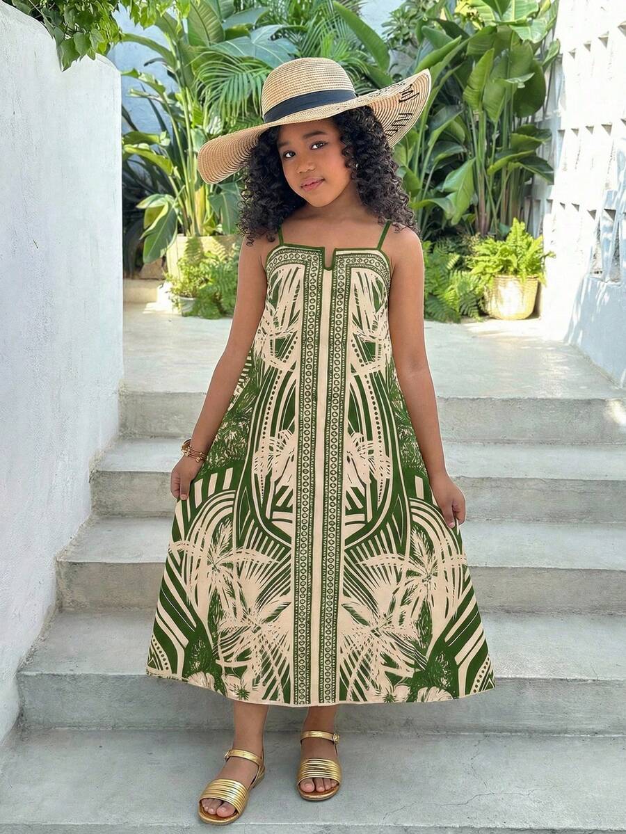 SHEIN Tween Girl Print Loose Strap Dress, Bohemian Style Dress, Suitable For Tropical Beach Vacation, Mother-Daughter Matching Outfit, Spring/Summer - Green - View 1