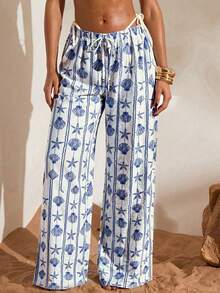 Swim Vcay 女士沙滩度假条纹贝壳和海星印花罩衫上衣和裤子套装 - 藍色 - 查看 1