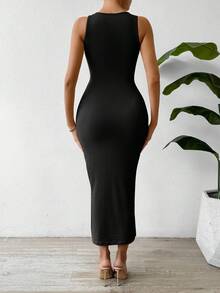 Olithes 夏季休闲优雅音乐会商务约会旅行度假圆领褶皱腰身修身无袖长裙 - 彩色 - 查看 2