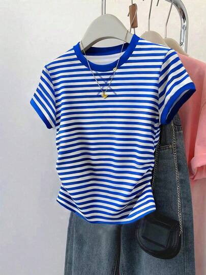 Resyla Women's Summer Casual Striped Print T-Shirt, Fitted Waist Design, Classic Pattern, Elegant Vibe, Versatile Daily Wear