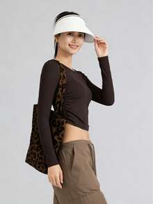 Top corto informal de punto acanalado de antelina para mujer, manga larga, cuello redondo, corte ajustado - Café integral - Ver 2