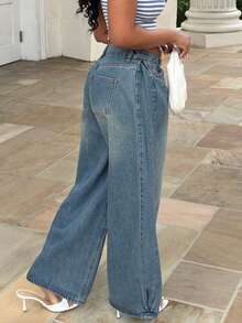 Alexandranx 女式做旧水洗宽松阔腿牛仔裤，宽松牛仔裤 - 藍色 - 查看 5
