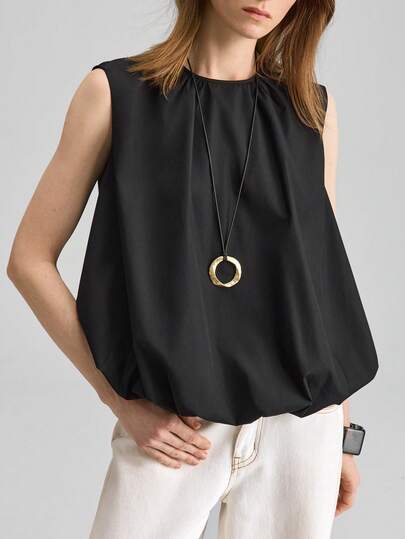 Ontre 2026SS Women's Black Blouse, Comfortable Soft Woven Fabric, Round Neck Sleeveless Button Loose Fit, Modern Urban Chic Business Casual Office Wear, High-Quality Airport Cruise Wedding Guest Attire, Elegant Minimalist Luxurious Feel, Versatile Seasonal Vacation Holiday Outfit