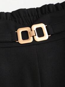 Sweetra 优雅法式休闲百搭直筒修身高腰金属扣装饰时尚春夏女裤 - 黑色 - 查看 3