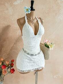 Soleia Đầm mini hở lưng ren trơn màu thanh lịch gợi cảm cho nữ - trắng - Xem 4