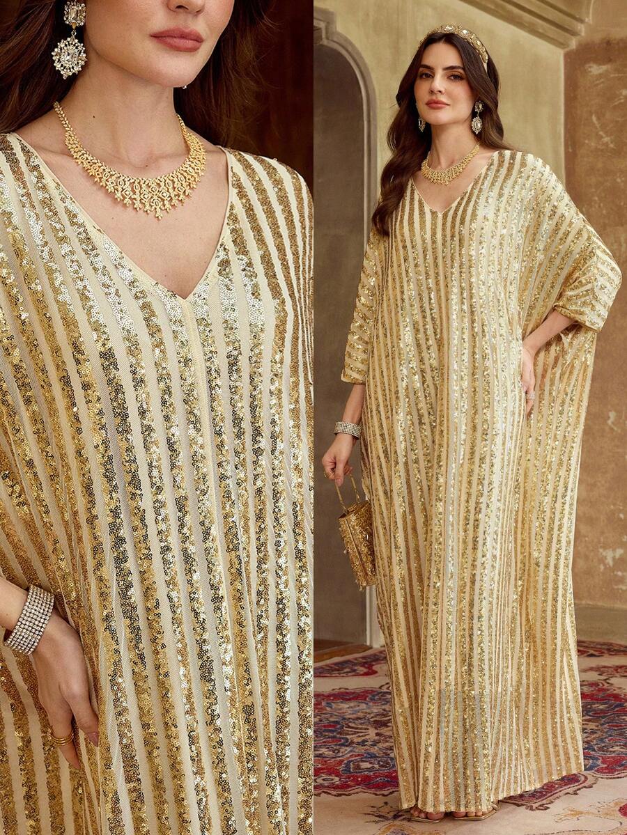 ZEYLAH WOMEN'S FASHION PARTY V-NECK SEQUIN PATCHWORK BATWING SLEEVE LOOSE ARABIC STYLE DRESS