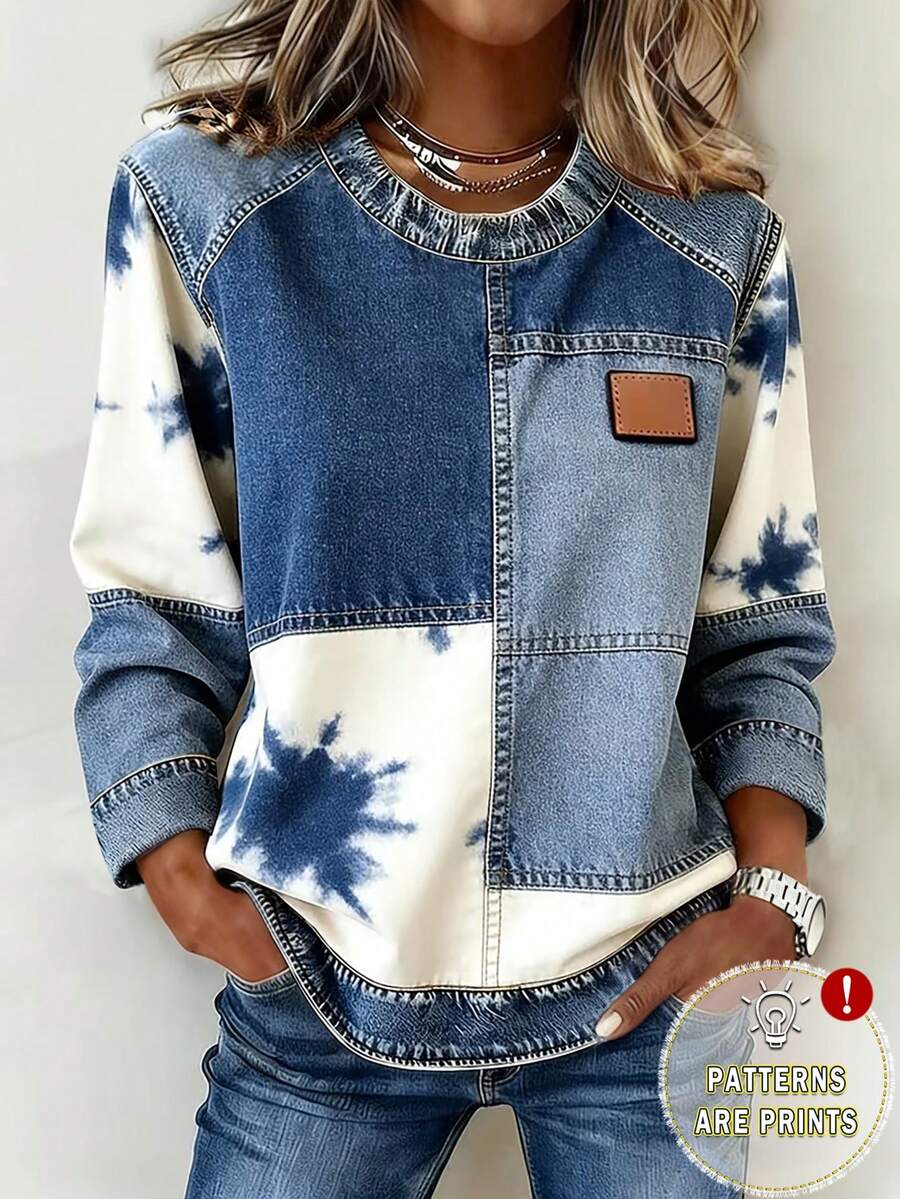 EMERY ROSE Camiseta de manga larga de uso diario casual con cuello redondo y bloques de color para mujer - Multicolor - Ver 1