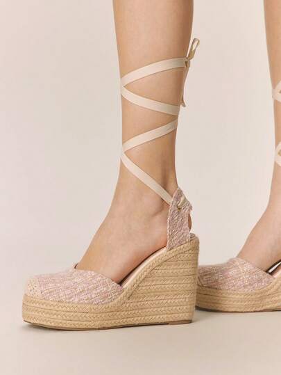 Styleloop Apricot Hollow Lace-Up Woven Straw Platform Wedge Sandals, Lightweight Elevated Party/Vacation Bohemian Style Shoes For Women