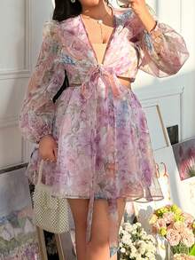 CovetEZ 大码花卉薄纱系带A字连体裤，春夏百搭 - 彩色 - 查看 4