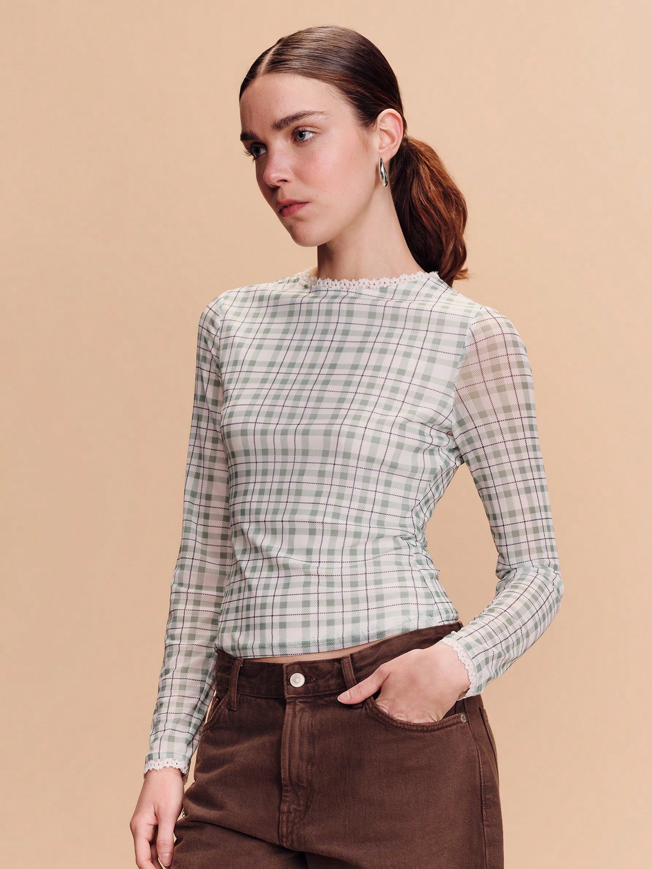 Green Check Mesh Longsleeve Fitted Top With Mini Lace Trim Detail Cute Spring Summer Cute Top French Style Parisian Style