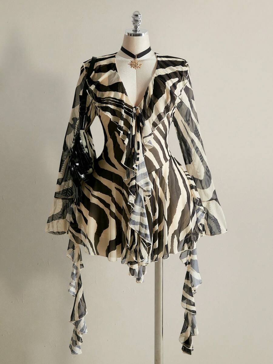 SHEIN ICON 大码女式斑马纹荷叶边优雅派对连衣裙 - 黑與白 - 查看 1