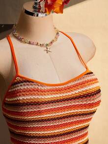 SHEIN ICON Women's Plus Size Summer Holiday Bohemian Burnt Orange Colorful Striped Knit Dress,Retro Boho Elegant Vacation Backless Tie-Up Tassel Bodycon Dress - Multicolor - View 6