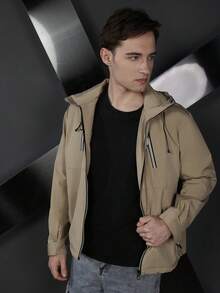 Logeqi® Hombres Chaqueta con capucha impermeable y cortavientos de Color Cafe, Caqui,Negro Choque de colores en paneles - Caqui - Ver 10