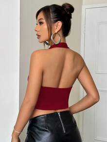 SHEIN ICON Women's Fashionable Sexy Solid Color Halter Backless Camisole - Burgundy - View 2