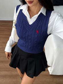 SHEIN PETITE 女式休闲马匹图案粗针织V领毛衣背心，秋季 - 藏蓝色 - 查看 9