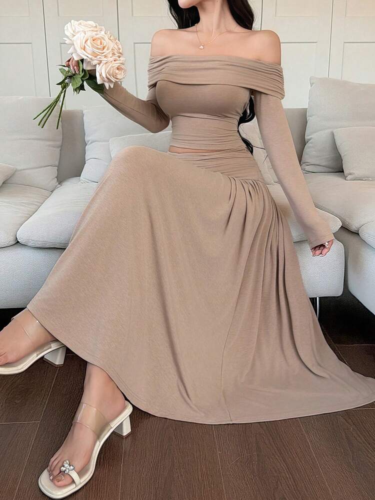 Women's Elegant Solid Color Off-Shoulder Top And Pleated Skirt 2-Piece Set, Summer