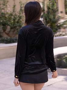 Andrea Bello 优雅天鹅绒金色纽扣女式衬衫 - 黑色 - 查看 2