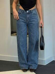 Bethéva 女士休闲高腰阔腿牛仔裤 - 藍色 - 查看 3