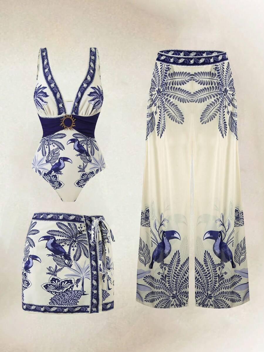 Swim Oasis 2026新款三件套女士印花泳衣，含裙子和网纱裤，沙滩度假休闲连体裤套装，夏季 - 彩色 - 查看 1