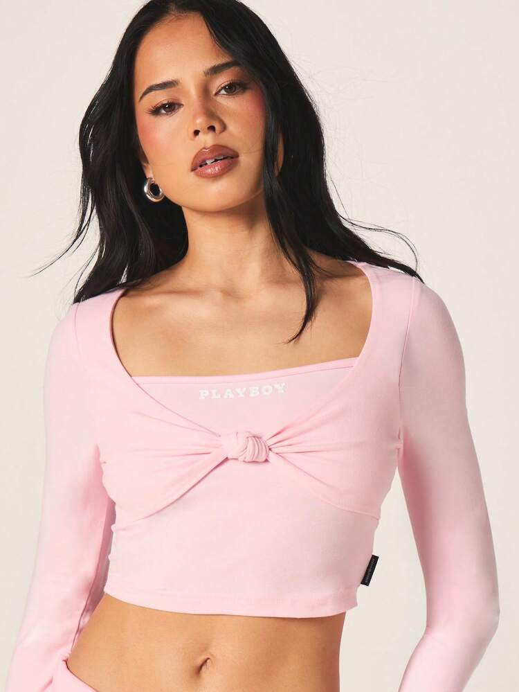 Missguided x Playboy Women Long Sleeve Ruched Front Knot Detail Sweetheart Neckline Cropped Top With Bunny Logo Print
