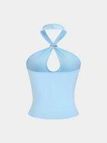 Sweetra Sexy Halter Neck Solid Color Metal Decor Fitted Crop Top, Chic And Stylish For Women - Blue - View 2