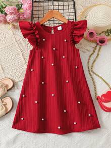 SHEIN Young Girl Cute Summer Vacation Elegant Textured Ruffle Trim Beaded Cap Sleeve A-Line Dress, Red - Red - View 5