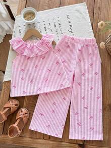 SHEIN LMoss Kids 2pcs Young Girl Chiffon Ditsy Floral Ruffle Hem Top And Loose Pants Set - Multicolor - View 4