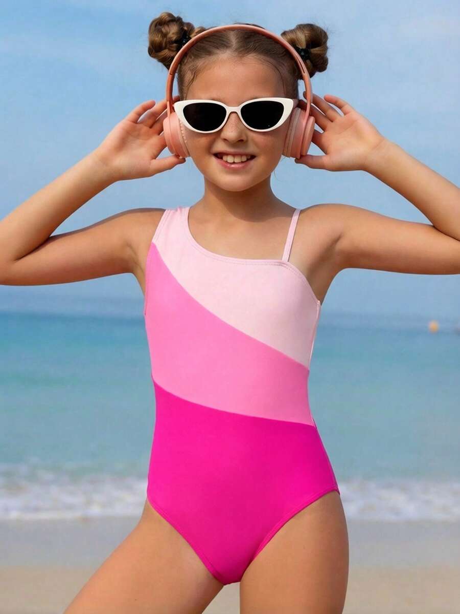 SHEIN 少女三色拼接连体泳衣，时尚休闲，适合游泳和度假，夏季 - 彩色 - 查看 1