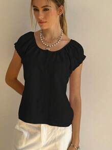 SHEIN Bubbli Áo thun nữ cổ bèo nhún, cổ trễ vai - màu đen - Xem 3