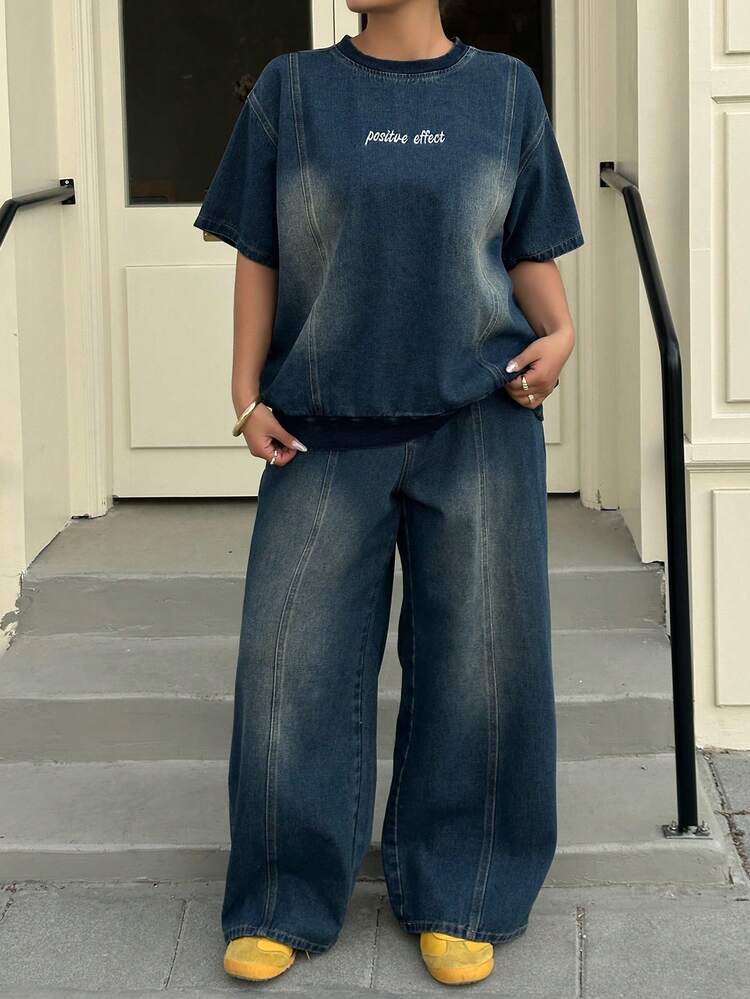 Dazy Plus 2pcs Plus Size Women Washed Blue Letter Embroidery Loose Long Sleeve Top And Pants Denim Set, Spring/Autumn