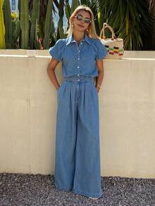 Livesso Women's Casual Washed Petal Sleeve Shirt And Wide Leg Jeans Set, Spring/Summer - Medium Wash - View 5