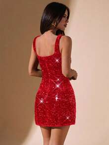 SHEIN BAE 女士黑色丝绒亮片迷你连衣裙，适合鸡尾酒会、夜店、夜间外出、正式活动、派对、万圣节、圣诞节等场合。 - 紅色 - 查看 2