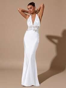 SHEIN BAE 秋冬季纯黑色性感深V领露背蕾丝镂空拼接鱼尾缎面长裙，适合鸡尾酒会、浪漫约会、派对、正式聚会、伴娘礼服、晚礼服、圣诞节、新年、情人节、下午茶会、小黑裙等场合。 - 白色 - 查看 7