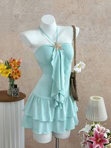 Elamini Y2K Sexy Tropical Island Resort Metal Starfish Mini Dress For Women - Blue - View 1