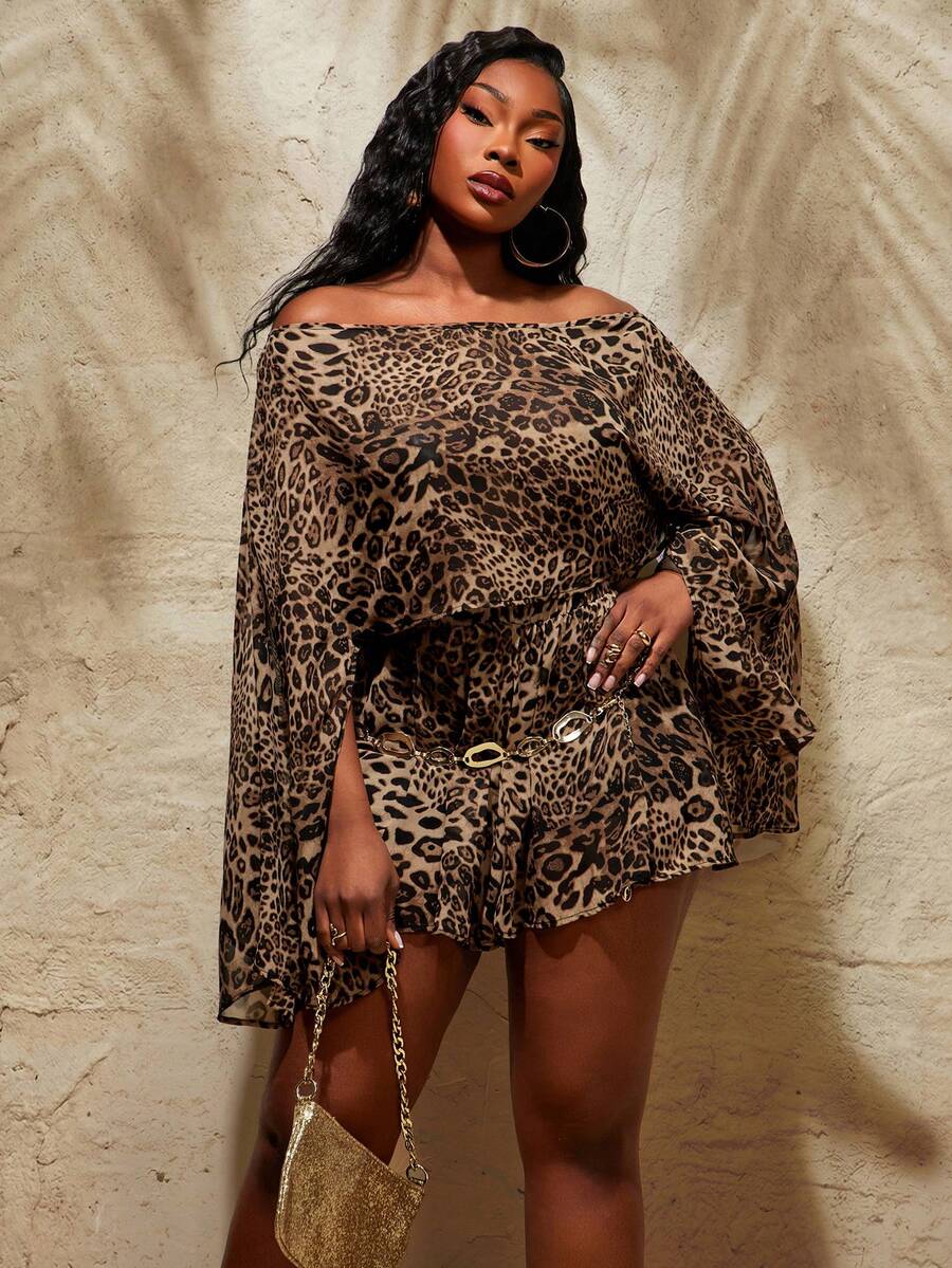 Radiana 两件套加大码女式休闲性感豹纹薄纱不对称肩部上衣和配套短裤套装，适合日常穿着、音乐节、科切拉音乐节、波西米亚风、外出、度假、海滩度假、假日、海边、西部牛仔装、演唱会、狂欢节派对、层次丰富的穿搭、约会之夜、伊比沙岛、纳什维尔、休闲、低调、时尚、夜店、可爱、休闲、购物、街头风、外出等场合，易于搭配，显瘦，凸显身材，修饰身形 - 彩色 - 查看 1