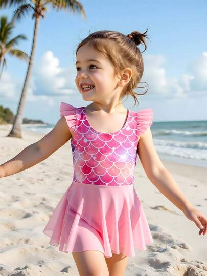 女童鱼鳞印花连体泳衣，网纱荷叶边下摆，简约时尚，速干舒适针织面料，适合游泳池、海滩、冲浪、度假、夏季旅行，随机印花