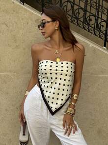 Siren Gaze 女士优雅休闲黑白波点撞色滚边无肩带抹胸上衣，三角下摆修身露脐上衣，夏季海滩度假派对夜生活穿搭 - 黑與白 - 查看 7