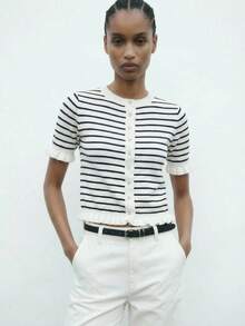 Maija 女士圆领短袖条纹休闲简约百搭薄款开衫 - 藍白色 - 查看 4