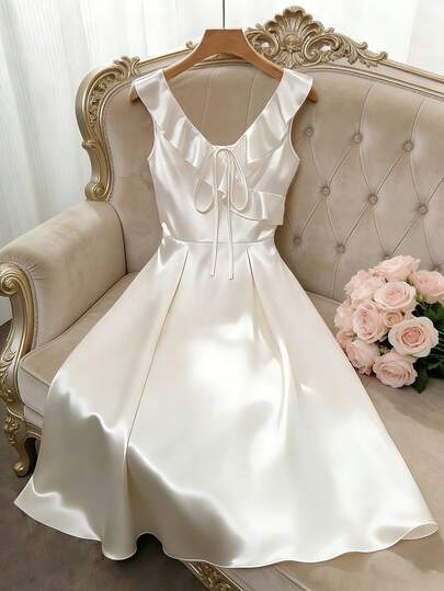 GlowEve Robe d'été sans manches à encolure en V avec ceinture à la taille et volants à l'ourlet, élégante et polyvalente pour un style casual chic