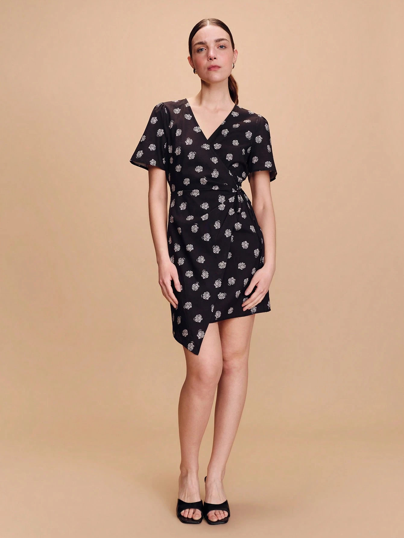 Black Floral-Print Mini Wrap Dress With Short Sleeves Cute Dress Spring Summer French Style Parisian Style Holiday Flower Dress Business Casual Wedding Guest Dress