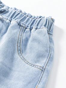 SHEIN Quần short denim thường ngày cho nữ tuổi teen, hàng mới về, kiểu dáng tối giản, đa năng, cạp chun nhún, màu xanh nhạt, chất liệu mềm mại. - Màu xanh lam - Xem 3
