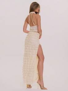 MUSERA Vestido maxi elegante con cuello alto, volantes y ajustado para primavera y verano, ideal para invitada de boda, vacaciones, ocasiones especiales y luna de miel - Albaricoque - Ver 4