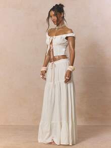 MUSERA Ruched Rounded Tie Detail Top With Low Waist Tie Detail Tiered Flowy Maxi Skirt Cute Spring Holiday Girly Sugar Salt - White - View 3