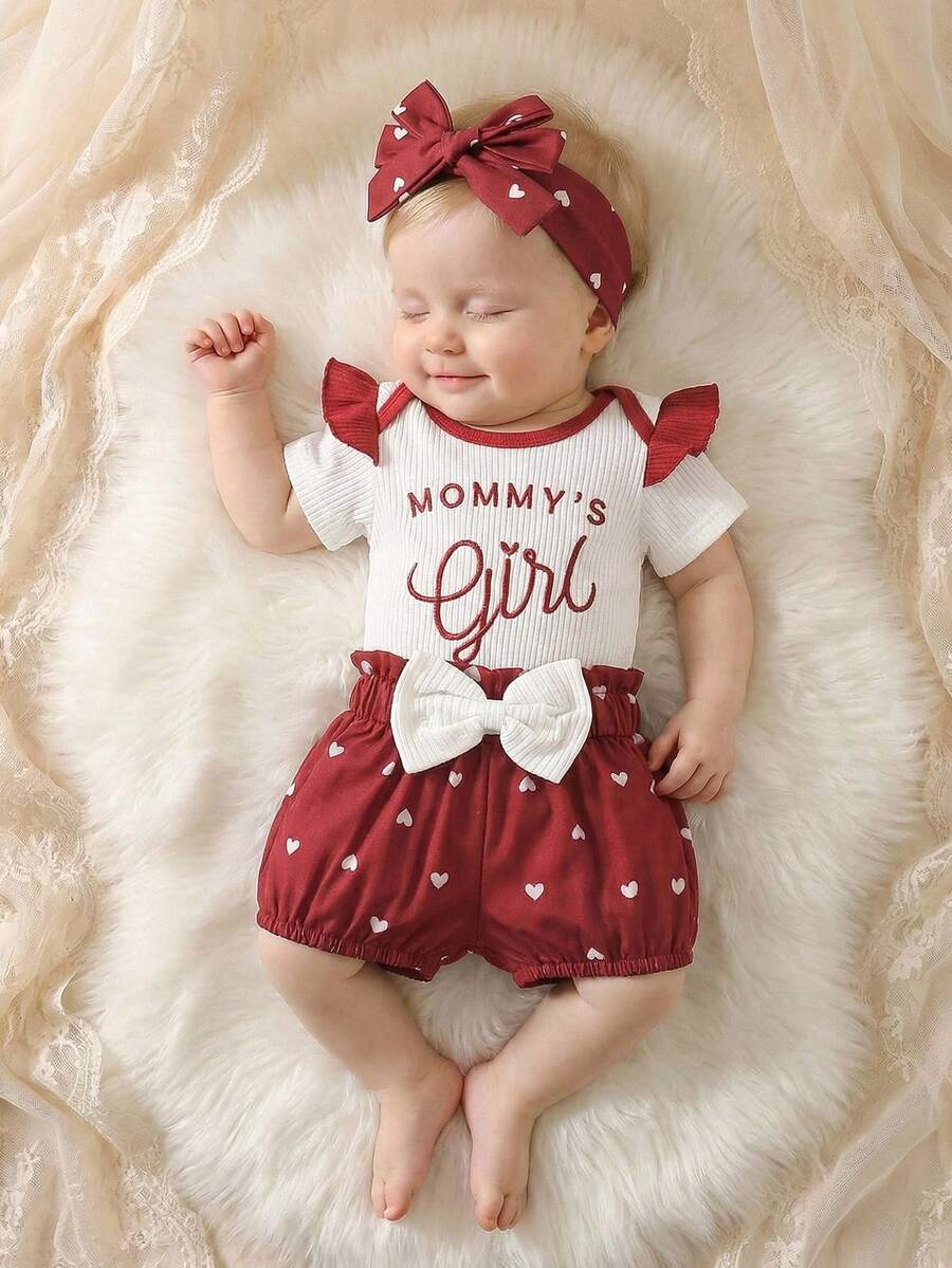 SHEIN Set de 3 piezas de mono con cuello redondo acanalado, pantalones y diadema con lazo bordada, estilo casual para bebé/niño pequeño, para primavera/otoño - Rojo y blanco - Ver 1