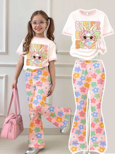 SHEIN Cream White & Cream Pink, Cute Cartoon Rabbit Print, Young Girl Casual Comfortable Round Neck Short Sleeve T-Shirt And Flared Pants 2-Piece Set, Suitable For Spring/Summer Everyday, Home, Sports, Campus