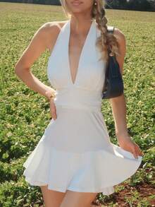 Sydney Algeri 褶邊荷葉邊露背繞頸連身短褲 - 白色 - 查看 3