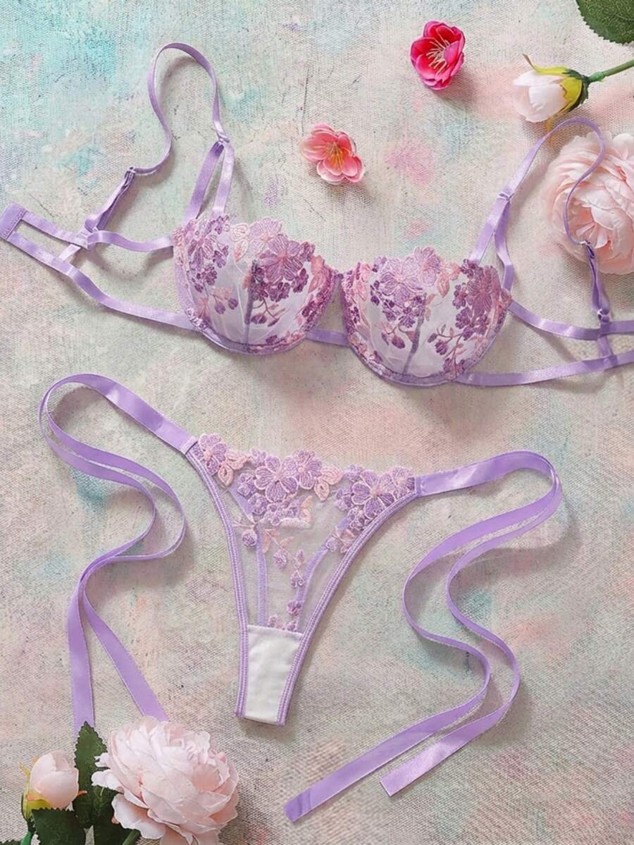 2件套女士天蓝色刺绣蕾丝肩带内衣文胸和内裤套装 - 紫色 - 查看 1