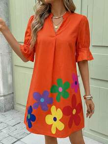 SHEIN Clasi 女士新款时尚优雅V领黑色印花休闲通勤时尚夏季连衣裙 - 橘色 - 查看 3