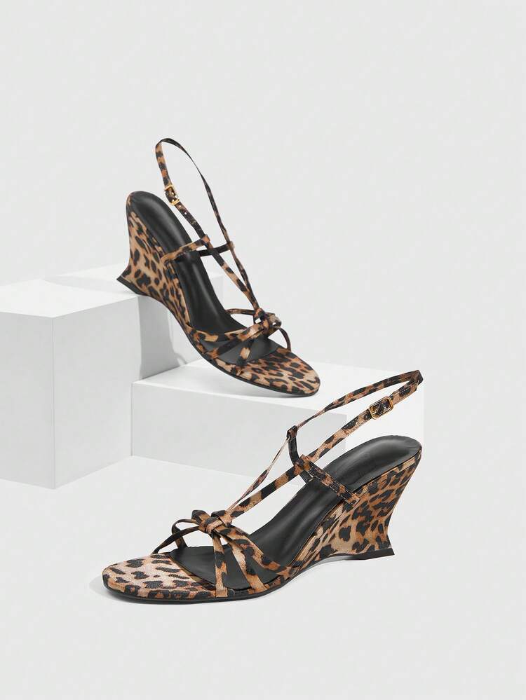 CUCCOO SZL Women's Brown Leopard Print Satin Strappy Buckle Design Comfortable Round Toe Wedge Sandals Summer Shoes