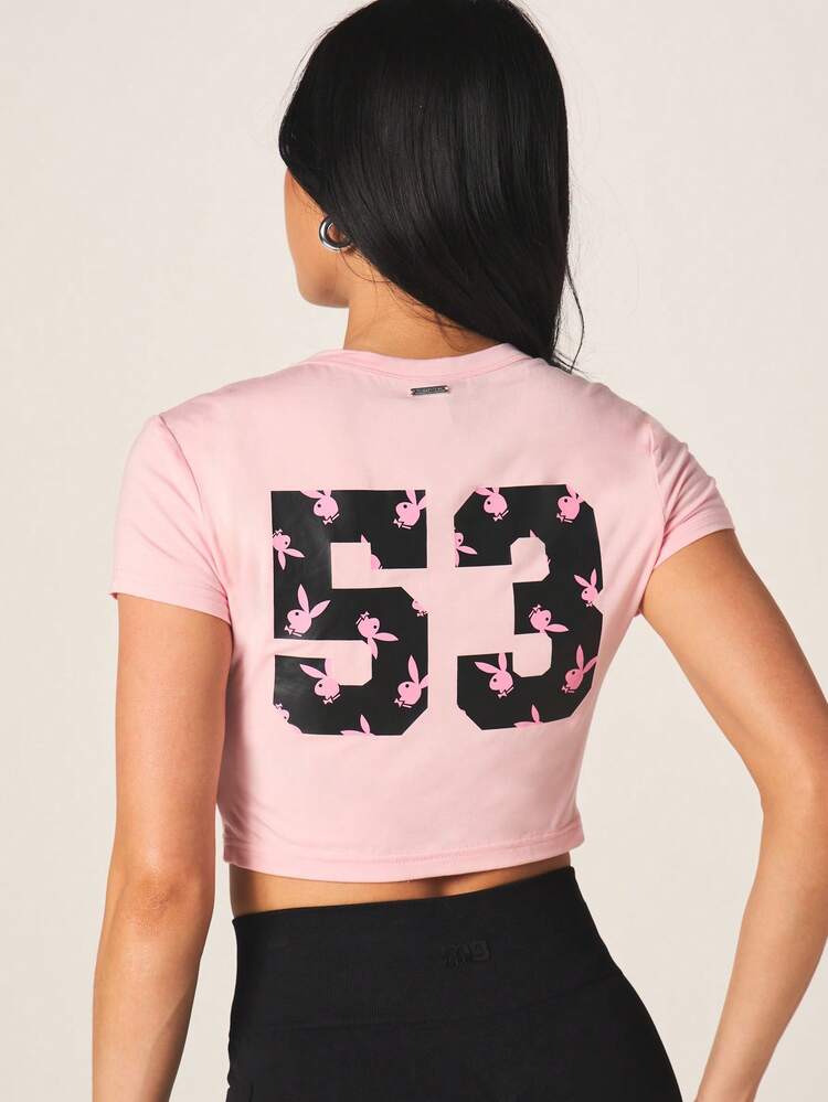 Missguided x Playboy Women's Light Pink Crop Tee Bunny Logo Graphic Short Sleeve Crew Neck Fitted Top